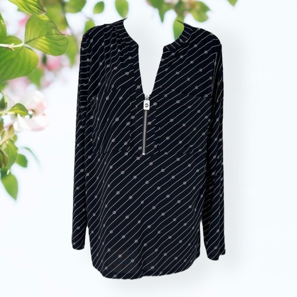 Michael Kors Tops - Michael Kors MK Logo Stretch Soft Blouse Zipper Black White Long Sleeve